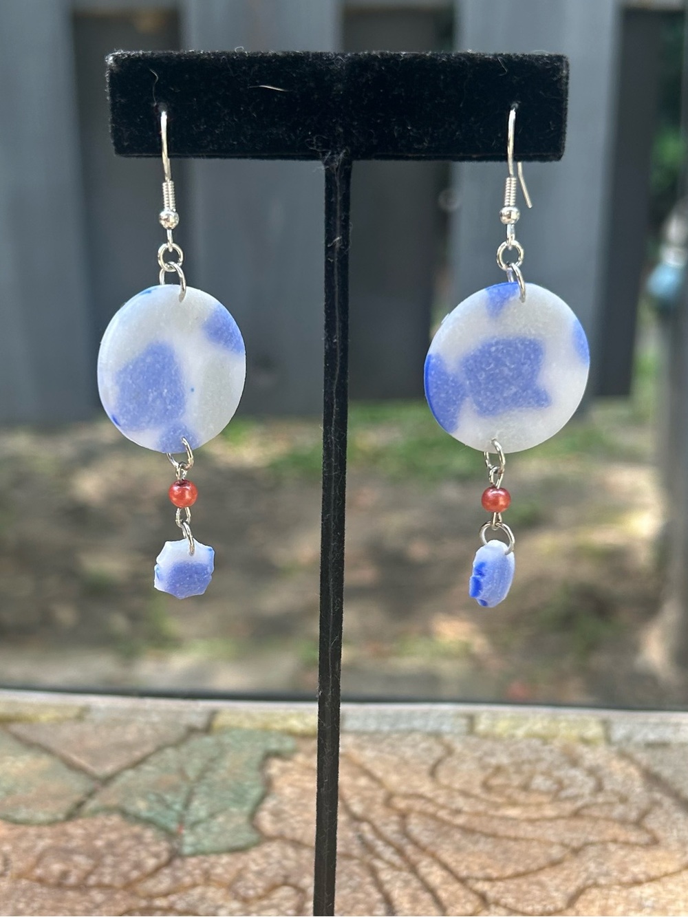 Blue and White Polymer Clay Dangle Earrings - Women Jewelry